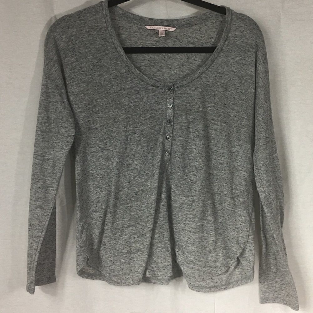 Victoria Secret XS gray long sleeved tee shirt button front closure easy care